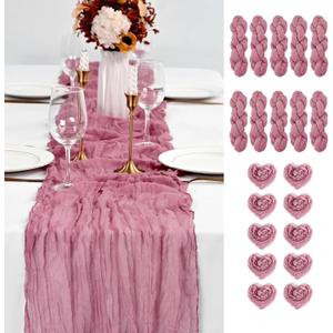 10PCS Dusty Rose Cheesecloth Table Runner 10ft Boho Gauze Fabric Cheese Cloth Table Runner Comes with 10 Cloth Napkins Runner for Romantic Wedding Birthday Shower Party Table Decoration