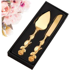 Wedding Cake Server Set, Gold Cake Cutting Set for Wedding Cake Cutter and Server Set with Rose Handle Wedding Cake Knife and Server Set for Wedding, Birthday