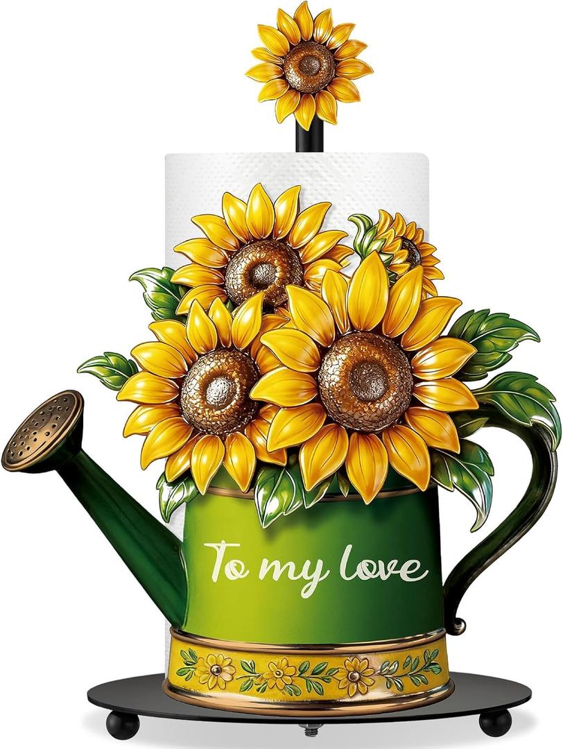 Summer Paper Towel Holder with Round Base Sunflower Gnome Coastal Bathroom Kitchen Decor Blue Yellow Napkin Holder Farmhouse Countertop Accessories Gifts for Home Decor(Yellow Green,Kettle)