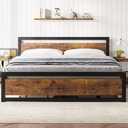 GarveeHome King Size Bed Frame, Industrial King Bed Platform with Headboard No Box Spring Needed, 14 in Easy Assemble King Mattress Bedframe, Retro Brown