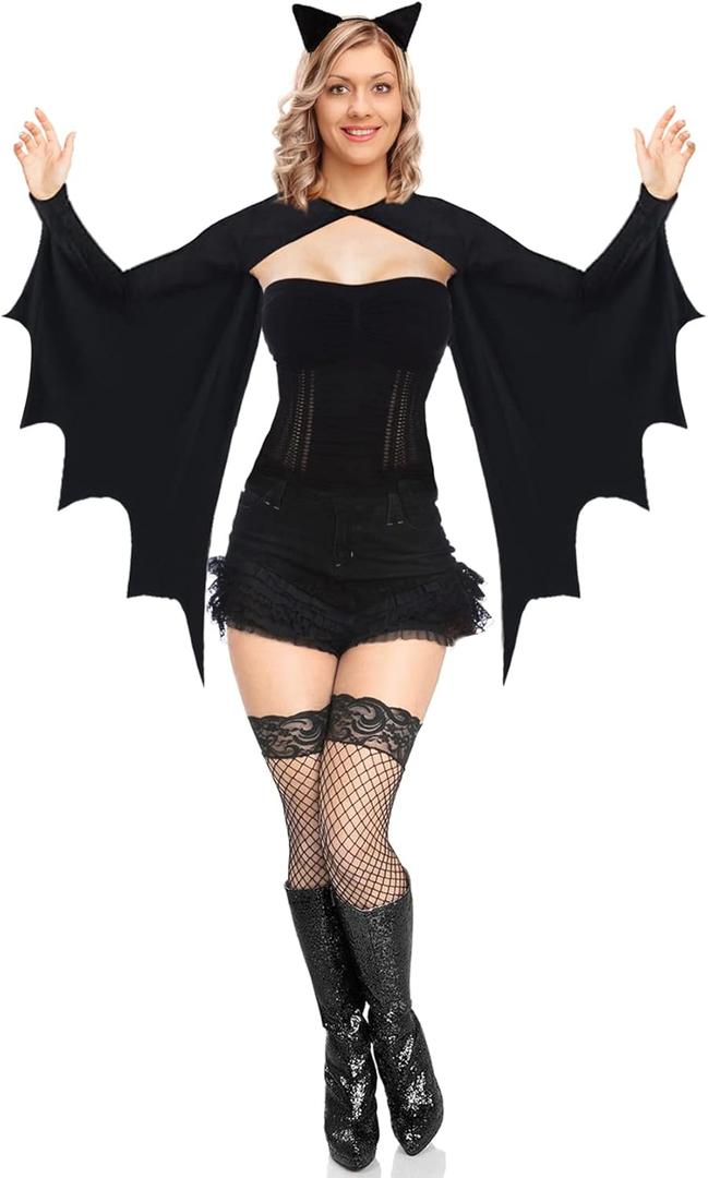 PARTISKY Bat Wings Costume Adult Halloween Women's Cozy Bat Shrug with Ears Headband
