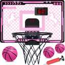 Indoor Basketball Hoop with Electronic Scoreboard and LED Light, Pink Over The Door Basketball Toy, for Kids Aged 4, 5, 6, 7, 8+Years Old