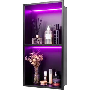 WICHEMI Stainless Steel Shower Niche 12" X 24", No Tile Needed Wall Niche with RGB Light, Recessed Shower Shelf for Bathroom Storage Over Mount Installation, Matte Black