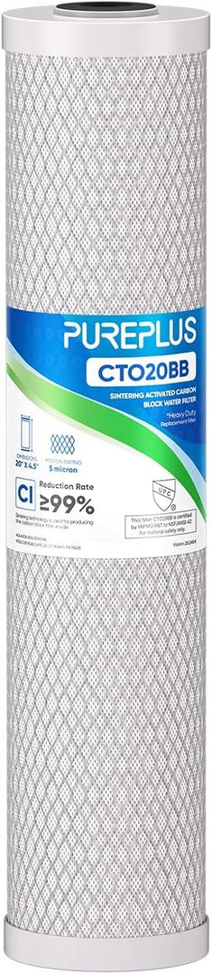 PUREPLUS 5 Micron 20" x 4.5" Whole House Coconut Shell Activated Carbon Water Filter Replacement Cartridge, Compatible with FC25B, EPM-20BB, CB-BB-20, 155783-43, 1 Pack