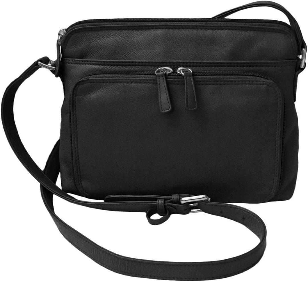 CTM Women's Leather Shoulder Bag Purse with Side Organizer (Black)