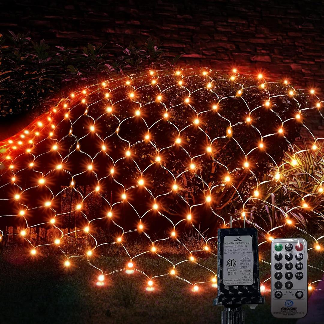 Halloween Net Lights, 360 LED 12ft x 5ft Mesh Lights with 8 Modes Remote, Waterproof Net Christmas Bush Lights Outdoor for Yard, Shrubs, Porch, Decorations (Orange)