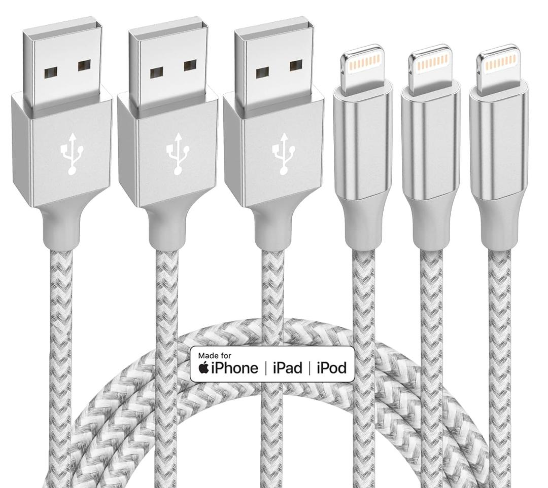 iPhone Charger 3 Pack 10 ft Apple MFi Certified Lightning Nylon Braided Cable Fast Charging Cord Compatible with iPhone 13 12 11 Pro Max XR XS X 8 7 6 Plus SE iPad and More (GrayWhite)