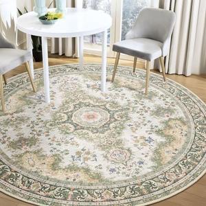 Castage Green Round Rug 5ft, Circle Boho Area Rugs for Bedroom Living Room,Washable Vintage Bohemian Distressed Oriental Floral Carpet Non Slip,Sage Floral