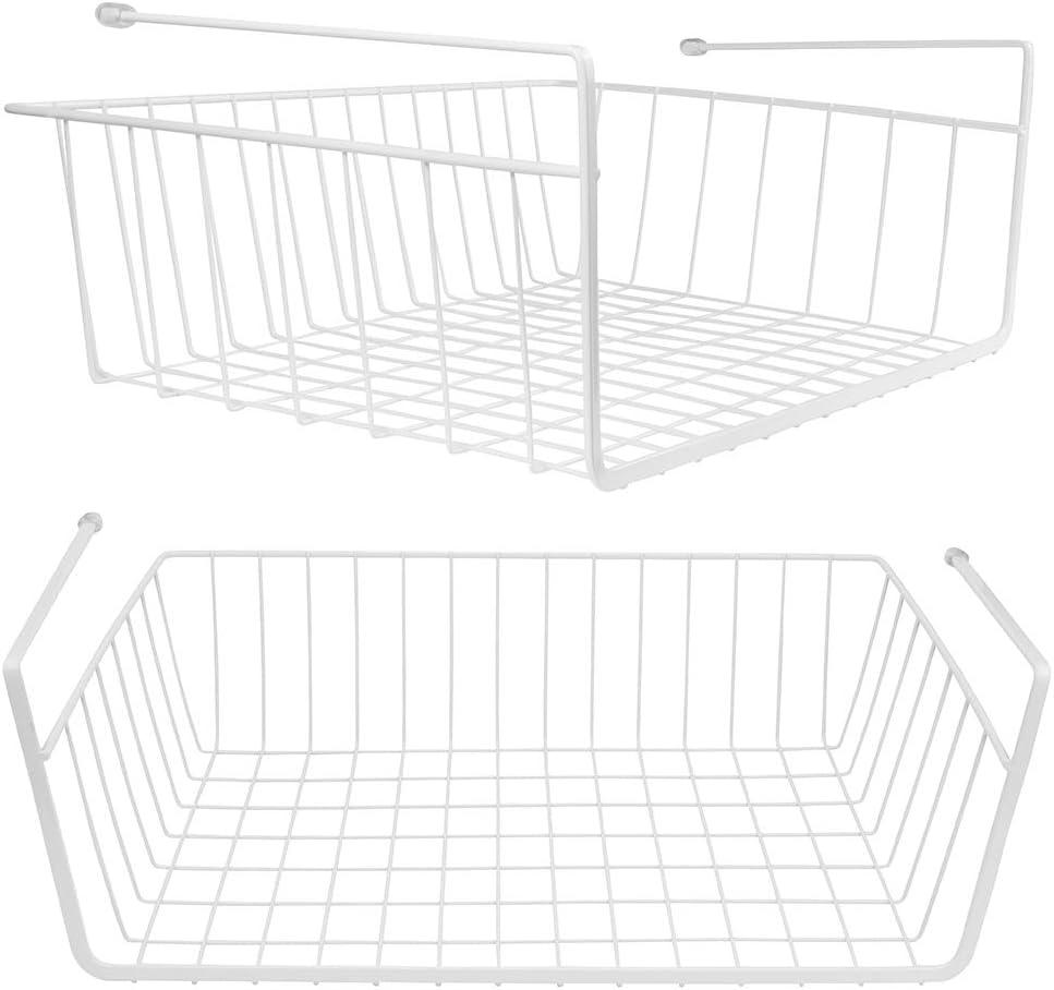 Tebery 2 Pack White Under Shelf Wire Basket Hanging Storage Baskets, Under Cabinet Add-on Storage Racks Slide-in Baskets Organizer for Kitchen Pantry Desk Bookshelf