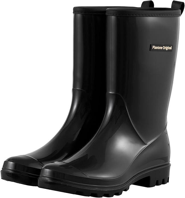 Planone Mid Calf Waterproof Rain Boots For Women Anti-Slipping Garden Shoes Comfortable Insoles Stylish Light Rain Shoes Outdoor Work Shoes, Size 9