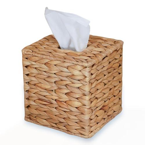 PINXIURY Water Hyacinth Handwoven Tissue Box Cover, Natural Handmade Wicker Napkin Box Holder, Handcrafted Square Facial Tissue, Rustic Decorative on Table and Bathroom, Office, Boho Decorative