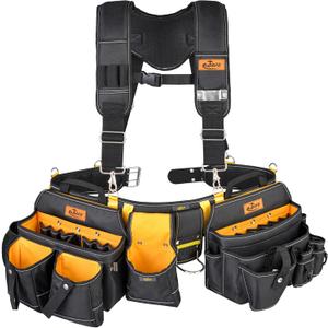 Comfortable Tough Thick 7-Piece Tool Belt with Suspenders 32 Pockets and Loops,1680D Denier Fabric Heavy Duty Tool Belts with Carry Handles, Fits Waists 36-49In, Black and Yellow