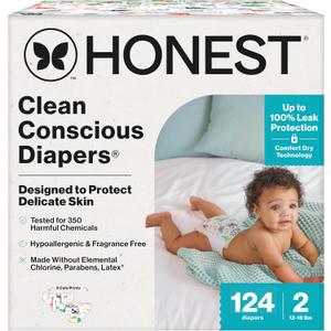 The Honest Company Clean Conscious Diapers for Sensitive Skin | Hypoallergenic, Fragrance Free | Gender Neutral Prints | Super Club Box, Size 2 (12-18 lbs), 124 Count (Size 2 (124 Count), Multi-colored Giraffes + Barnyard Babies)