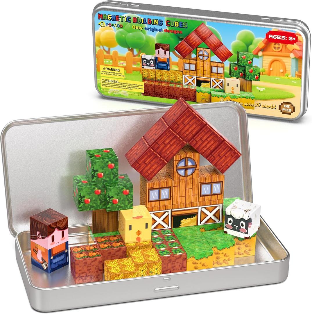 Farm Animal Magnetic Building Blocks Travel Toys, 35PCS Magnetic Cubes for Kids 3-8, Portable STEM Building Tiles with Metal Storage Box, Toddler Learning Toys for Ages 3-5Fun Gifts, Classroom Prizes