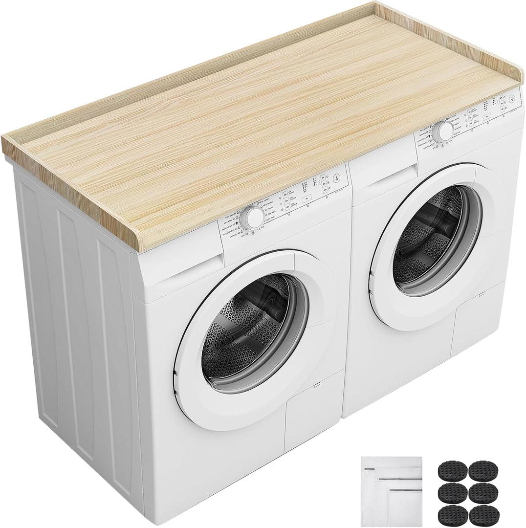 Washer Dryer Countertop, 27.5" x 54" Laundry Room Organization Shelf with Edge Rails for Washer and Dryer, Durable Melamine Finish, Non-Slip Pads, and 3 Laundry Bags, Oak