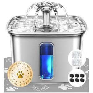 Veken Innovation Award Winner Stainless Steel Cat Water Fountain, 108oz/3.2L Automatic Pet Fountain Dog Water Dispenser with 6 Replacement Filters & Silicone Mat for Cats, Dogs, Multiple Pets (Silver), Set of 2