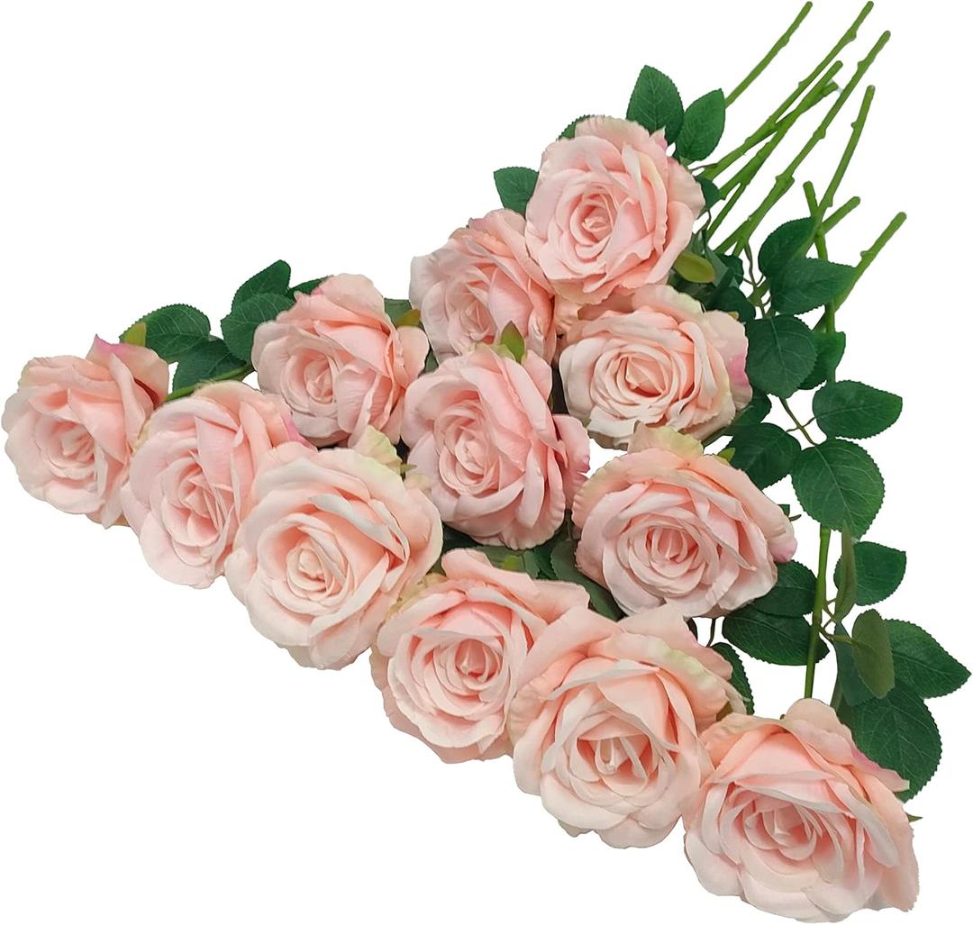 ATFL Blush Flowers,12 Pcs Blush Pink Roses,Light Pink Artificial,Flower Diameter 4'',Artificial Roses with Stems for Wedding Arrangement Centerpieces Party Home Table Decorations(Blush Pink)