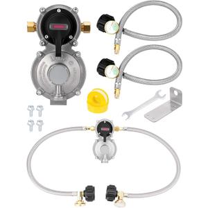 RV 2-Stage Auto Changeover LP Propane Gas Regulator with Dual 18" Pigtail Propane Stainless Braided Hoses & Propane Tank Gauge Ideal for RVs, Campers, Trailers, Vans