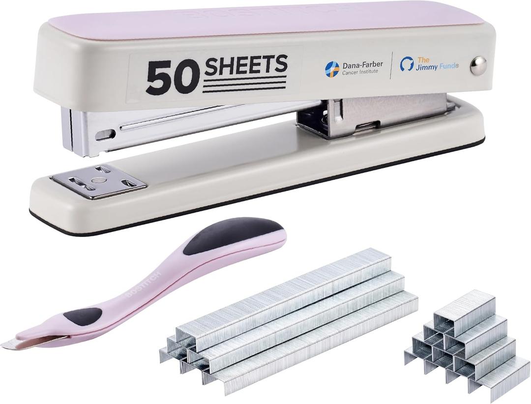 Bostitch Titan Heavy Duty Metal Stapler, 50 Sheet Capacity with 1250 Staples and Ergonomic Staple Remover, Jam Free Stapling, Full Strip Stapler for Desk, Office and Classroom, Pink & White