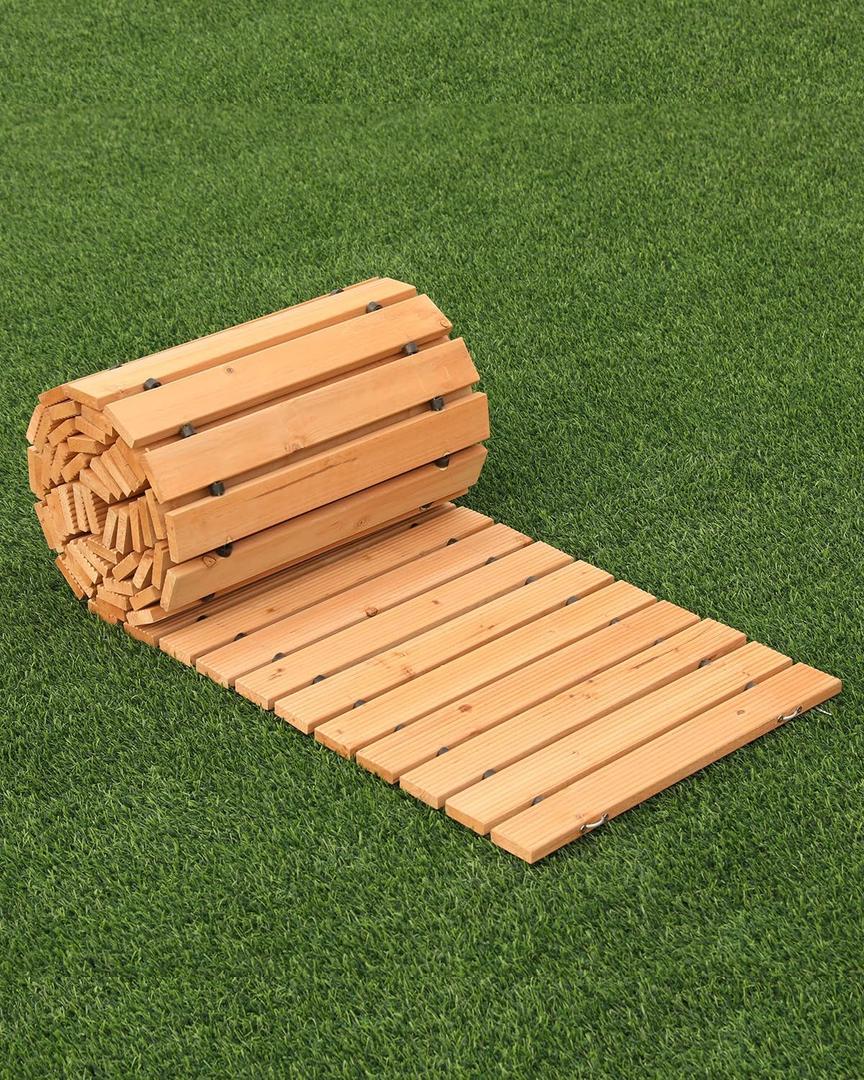 VEVOR 12 ft L x 17 in W, Non-Slip Straight Cedar Wood Garden Walkway, Roll Out Path with Wire Rope Connection, Brown