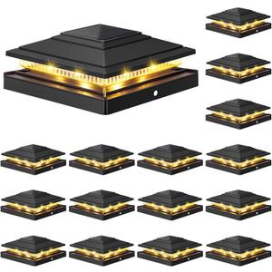 APONUO Paquete de 16 luces solares para tapa de poste de 4 x 4, 6 x 6, luz solar IP64 impermeable, 16 LED, 2 modos, luces al aire libre para postes de madera/vinilo de 4 x 4, 5 x 5, 5.5 x 5.5, valla (Negro -)
