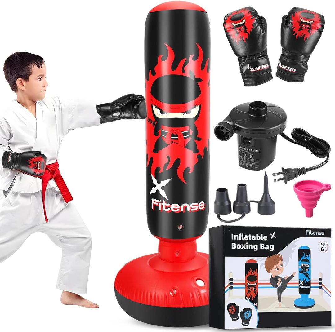 Kids Punching Bag, 63 Inch Inflatable Punching Bag with Electric Air Pump & Gloves, Kids Boxing Bag for Boys Girls Age 6-12, Dinosaur Ninja Boxing Set Christmas Birthday Toys for Karate