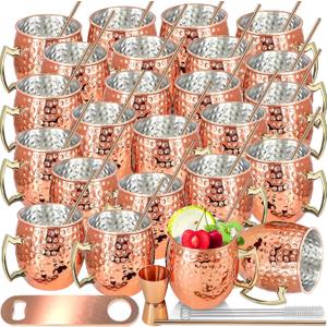 Moscow Mule Mugs Set of 24 Packs Copper Mule Mugs 18oz Bulk Large Hammered Stainless Steel Cups with Handle 1pcs 0.5oz Double Jigger 24pcs Stainless Steel Straws for Cold Chilled Drinks Cocktails