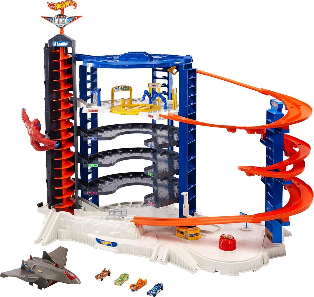 Hot Wheels Track Set with 4 1:64 Scale Toy Cars, Over 3-Feet Tall Garage with Motorized Gorilla, Storage for 140 Cars, Super Ultimate Garage