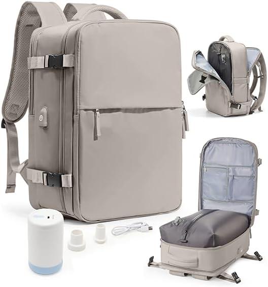 WONHOX Vacuum Seal Travel Backpack with Air Pump,Compression Vacpack Waterproof Carry On Backpack for Travel Women Men with Vacuum System,Airlines Approved Daypack Laptop Space Saver Bags,GreyBrown