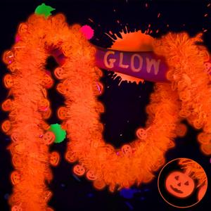 2 x Mega-L Neon Halloween Party Decorations, 26ft Fluorescent Orange Pumpkin Garland Banner Glow in the Dark Party Supplies Cute Hanging Ceiling Decors for Birthday Home Wall Fence Porch Black Light Party