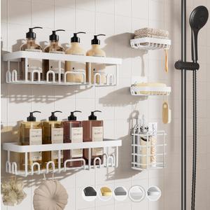 Veken Adhesive Shower Caddy 5-Pack,Heavy Weight Bearing,Large Wall Mounted Shower Shelves Rack,Organizer Storage Accessories with Soap Dish&Toothbrush Holder,Ideal for Bathroom,Home&Kitchen,White (5-Piece Set for Hall Bathroom (Rustproof Upgrade))