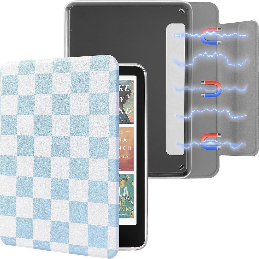 Detachable Magnetic Case for 6.8" Kindle Paperwhite (11th Generation-2021) and Kindle Paperwhite Signature Edition, Slim PU Shell Cover Case with Auto Wake/Sleep, Blue and White Checkerboard