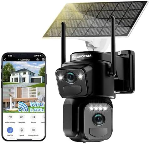BEENOCAM 4K Solar Security Cameras Wireless Outdoor, Dual Lens 360°PTZ Solar Cameras for Home Security with Color Night Vision,PIR Human Detection, Auto Tracking,Spotlight/Siren Alarm, 2.4/5Ghz WiFi