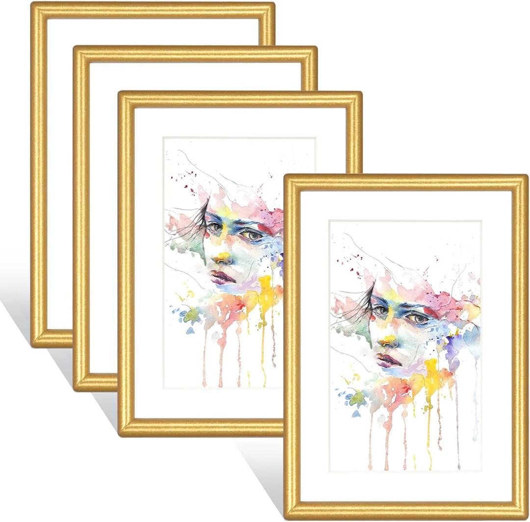 4x6 Picture Frames Set of 4, Gold Matte Thin Modern Metal, for Horizontal & Vertical Wall Hanging and Tabletop, Aluminum Floating Photo Frame, Display 3x5 with Mat or 4x6 without Mat (4 Pack)