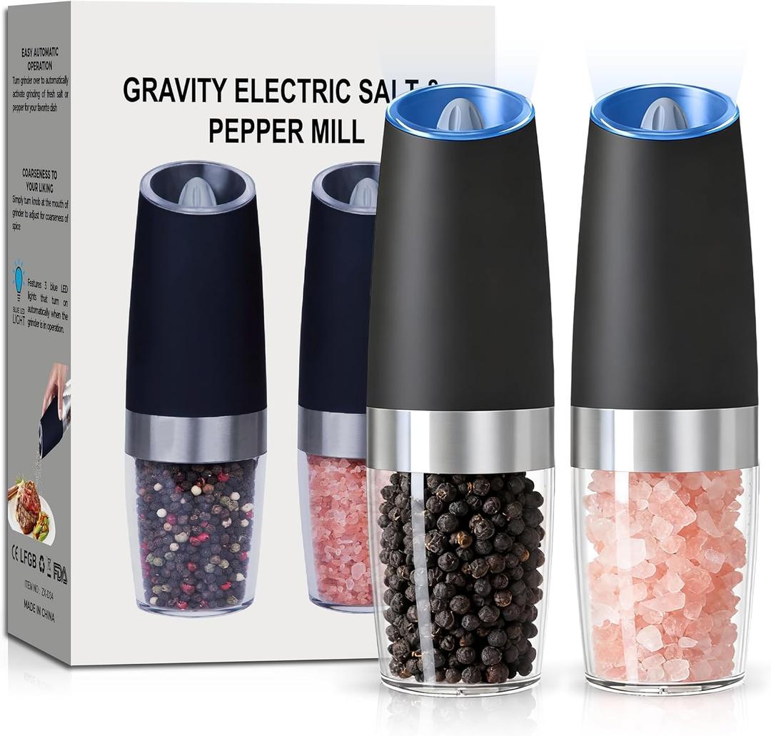 UNNEES Gravity Electric Salt and Pepper Grinder set of 2, Automatic Salt And Pepper Grinder Set, Adjustable Roughness, Battery Powered, LED Light, 2 Pack, (Black)