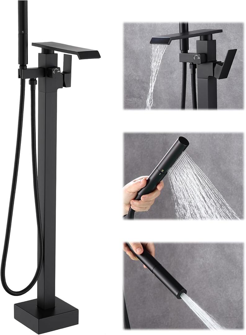 Waterfall Free Standing Tub Faucet, Floor Mount Bathroom Tub Filler Freestanding Bathtub Shower Faucets with Handheld Sprayer, Matte Black