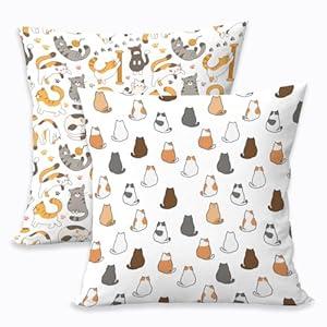 2 Pcs Throw Pillow Cover Lovely Multicolor Cartoon Cats Decorative Throw Pillow Case, Cartoon Geometric Kitten Square Decorative Cushion Cover for Couch Sofa Bedroom Living Room Office Home Decor