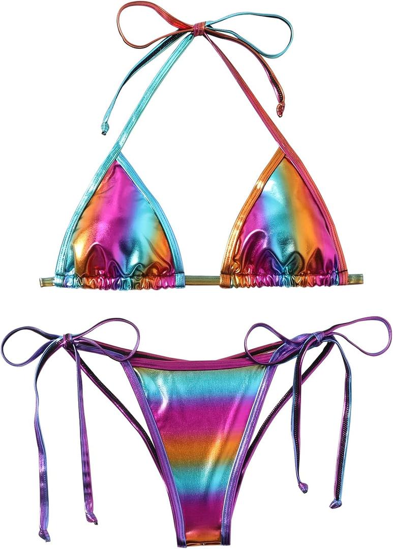 Women's Liquid Metallic Rainbow Bikini Sets Shiny String Padded Triangle 2 Pieces Swimsuit Set (XX-Large)