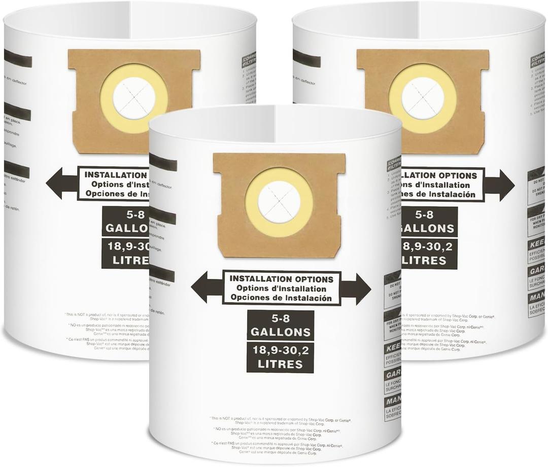 3 Pack Vacuum Bags Replacement for Shop Vac Bags 5-8 Gallon Type E 90661 9066100 9066133 and Type H 90671 9067100 9067133, PETOX High-Efficiency Disposable Vaccum Collection Filter Bags