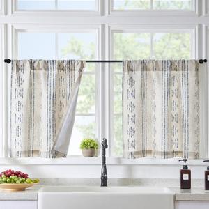 jinchan Boho Linen Kitchen Curtains 36" x 24" Bohemian Geometric Striped Small Window Curtains Light Filtering Farmhouse Country Rustic for Bathroom Living Room RV 2 Panels , Blue
