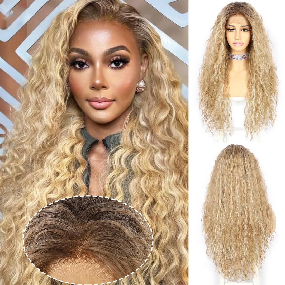 SAPPHIREWIGS Curly Lace Front Wigs Synthetic Water Wave Wigs for Women Heat Resistant Hair Replacement Wig Highlight Blonde with Dark Root Wet and Wavy Pre Plucked Hairline 26inch