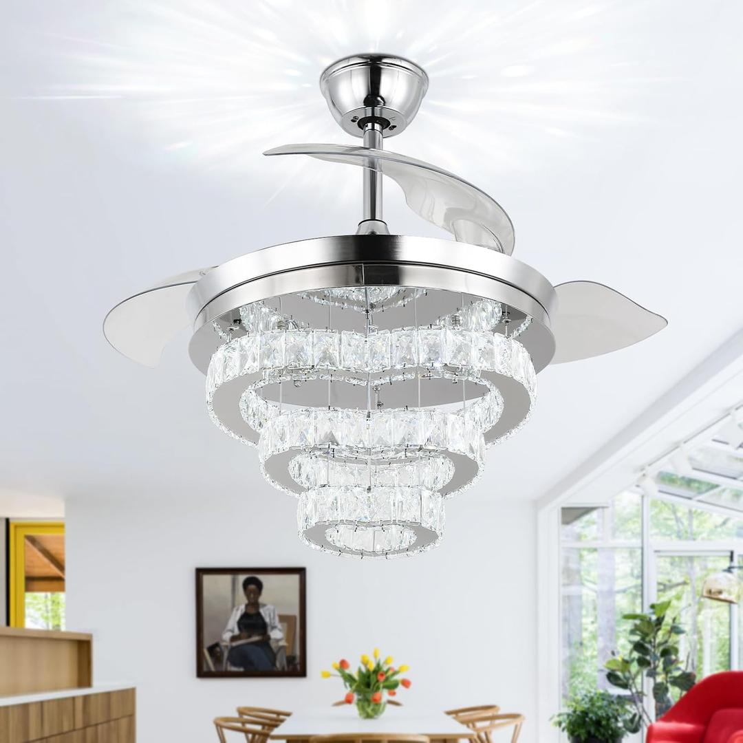 CLAIRDAI 42 Modern Dimmable Crystal LED Chandelier Fan with Light and Remote, 6-Speed DIY Flush Mount Ceiling Fan Light Fixtures, Reversible Fandelier for Bedroom Living Room (Chrome)