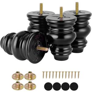 Michanco 4 Inch Black Wood Furniture Legs Set of 4 Round Replacement Wooden Bun Feet for Couch Sofa Ottoman Nightstands