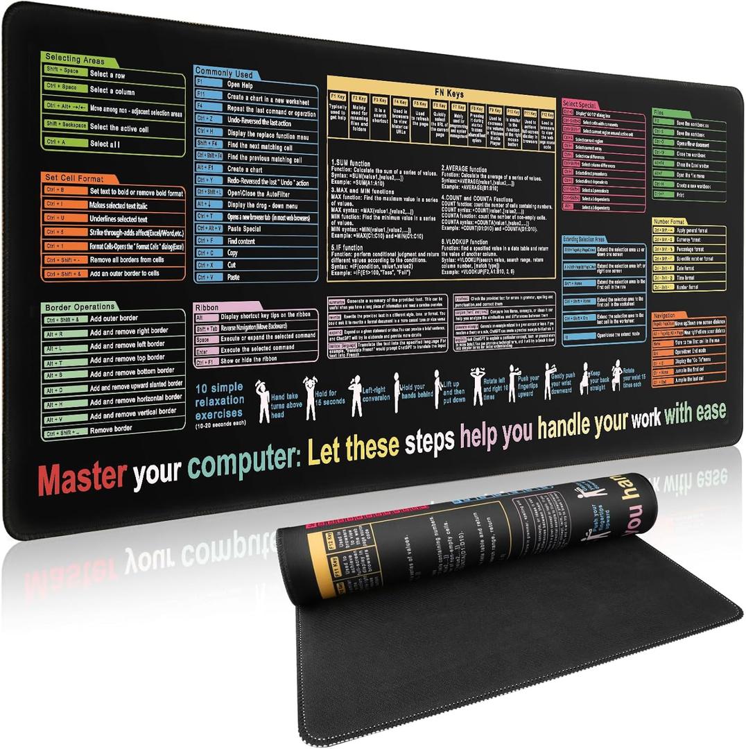 Large Mouse Pad-Excel Cheat Sheet Desk Pad, Extended Desk Mousepad with Excel Shortcuts, Non-Slip Gaming Mouse Pad with Stitched Edges, Non-Fade Mouse Mat for Office Home & Gamers (11.8" x 2")
