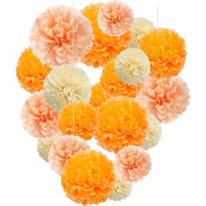 Capesaro Orange Paper Pom Poms - Peach Tissue Pom Poms Decorations for Party Hanging Decor - 15 Piece Set