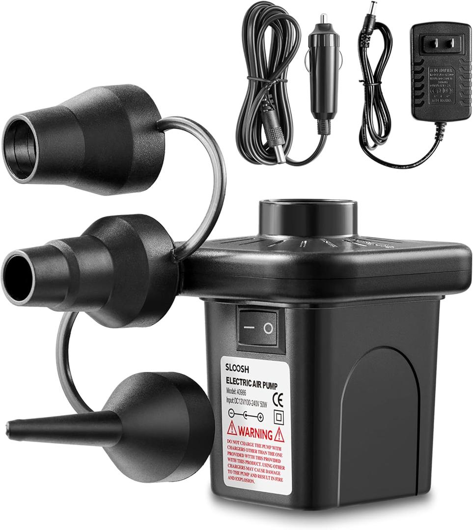 SLOOSH Electric Air Pump for Inflatables, Quick-Fill Inflator Deflator with 3 Nozzles, Portable Air Mattress Pump for Beds, Pool Floats, Swimming Rings,Outdoor Camping Inflatable, AC/DC Adaptors