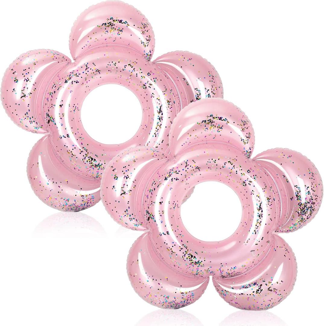 Outus 2 Pack Cute Flower Pool Floats Glitter 47 Inch Inflatable Pink Butter Bachelorette Ring Floaties Bride Floating Flowers for Pool Adults Summer Swimming Birthday