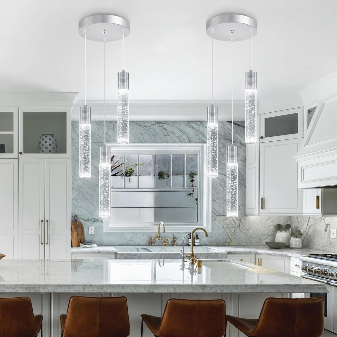 3-Lights Pendants Light for Kitchen Island Chandeliers Dining Room Pendant Lighting Fixture Bubble Crystal Ceiling Hanging Lights Bedroom Island Kitchen 6000K White Light Fixtures Chrome (Silver)