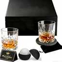 Crystal Whiskey Glasses Set of 2, 10.5 oz Old Fashioned Glasses with Large Ice Ball Molds & Slate Coasters, Lead-Free Bourbon Glass Gift Set in Luxury Box for Men, Scotch, Cocktails