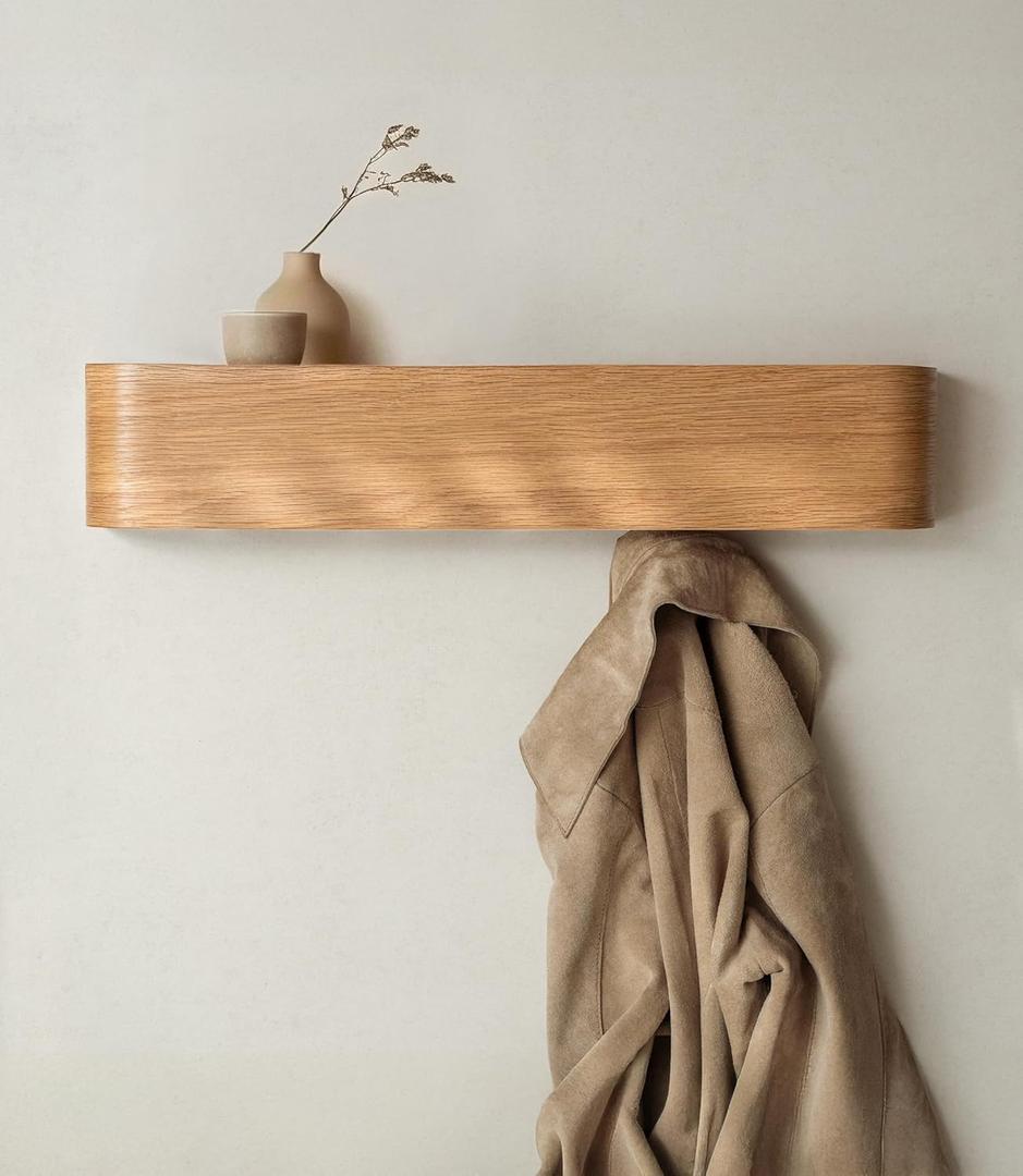 Wall-Mounted Coat Rack 'Toke' - Modern Design Coat Rack with Hidden Wall Hooks - Solid Wood Veneer Panel Coat Hanger - Oak